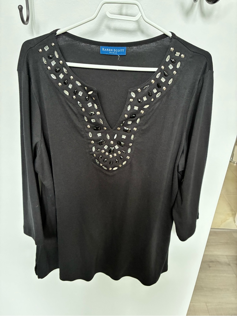 Karen Scott Black 3/4 Sleeve V-Neck Top with Embellished Neckline